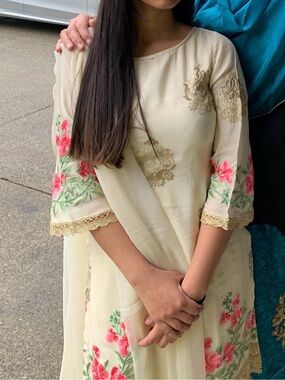 Pakistani Cream Floral Embroidered suit with pants & dupatta